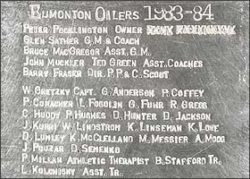 The 1983-84 Edmonton Oilers engraving with the X'd out Bazil Pocklington.